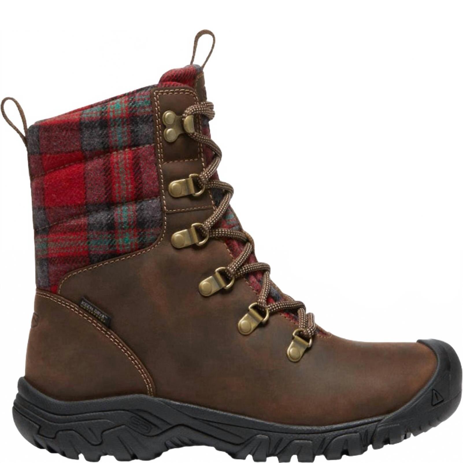 New Keen Women's Greta Low Waterproof Insulated Boot In Brown/Red Plaid